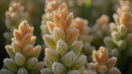 Fototapeta premium of freshly grown wheat stalks with dew drops clinging to the tips, capturing the essence of a cool morning in a lush, fertile field. close-up, wheat stalks, dew drops, morning, fresh, lush, 