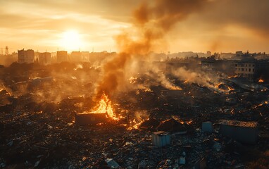 Chaotic urban dump site with metal containers emitting smoke and flames, creating a severe fire hazard amidst piles of waste, abandoned materials, and environmental danger