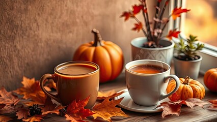 Cozy Autumn Still Life Coffee Pumpkins Fall Leaves