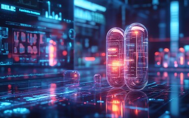 Futuristic glowing medical capsules and pills in a digital pharmacy setting, surrounded by holographic health data, hightech screens, and a clean, modern virtual space