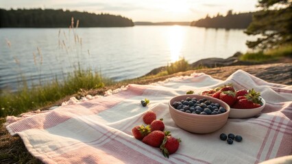 Obraz premium Fresh berries and vibrant fruits displayed on a serene lakeside picnic blanket at sunset