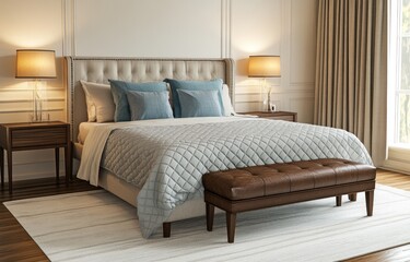 Elegant bedroom interior with king-size bed, nightstands, and bench.