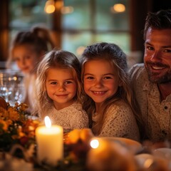 Warm Family Gathering Around Dinner Table with Joyful Children and Candlelight Atmosphere