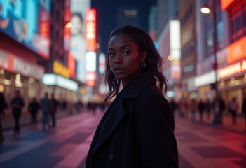  Woman in Black Coat Posing in Front of Bright Signs