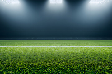 Obraz premium Nighttime sports field with stadium lighting. Fresh green grass and white lines create a sense of anticipation and excitement for the upcoming game.