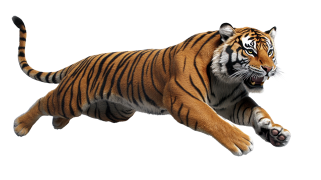 Render a 3D tiger in mid-motion, capturing the grace and agility of the animal as it leaps. The model should display intricate fur textures and realistic anatomy, 