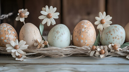 Obraz premium A rustic Easter garland of wooden eggs, painted with muted earth tones and adorned with natural twine and small wooden flowers for a natural, earthy vibe.