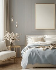 Elegant bedroom interior with mockup frame.