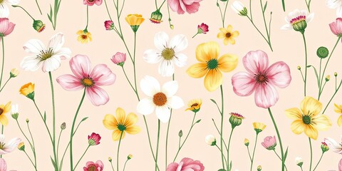 Pretty Pastel Pink Yellow White Floral Seamless Pattern Design