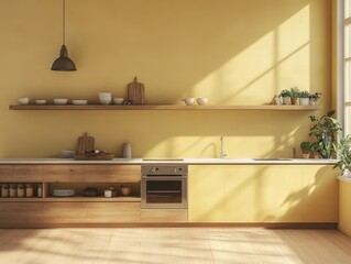 A sunlit kitchen displaying a modern clean interior with yellow