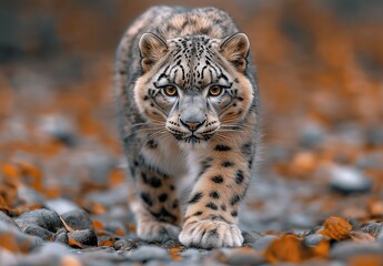 Obraz premium Majestic snow leopard in natural habitat.