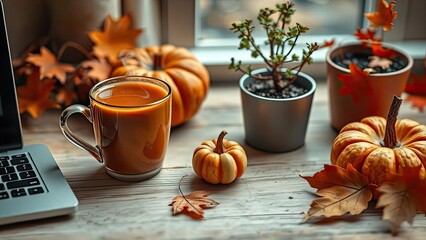 Cozy Autumn Workspace Pumpkin Spice Latte Laptop Fall Leaves