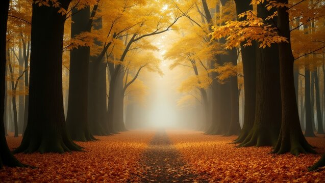 A tranquil pathway leads through a misty autumn forest adorned with golden leaves and sunlight. - Powered by Adobe