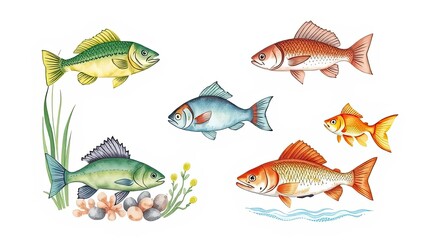 Fototapeta premium Colorful Fish Illustration Aquatic Life Watercolor Painting Marine Animals Underwater Scene