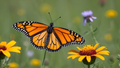 Naklejka premium An Artistic Depiction Of A Butterfly With Open Win, A Stunning Garden Scene With A Butterfly Pollination, A Stunning Monarch Butterfly, 