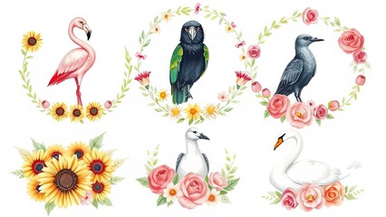 Naklejka premium Floral Wreaths with Flamingo Parrot Crow Albatross Swan