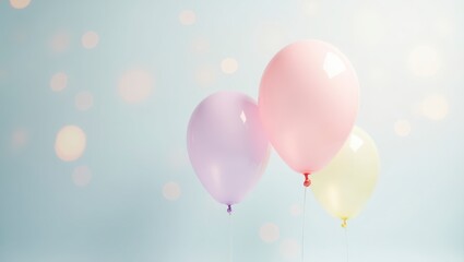 Three pastel balloons in pink, purple, and yellow float against a blue bokeh background.