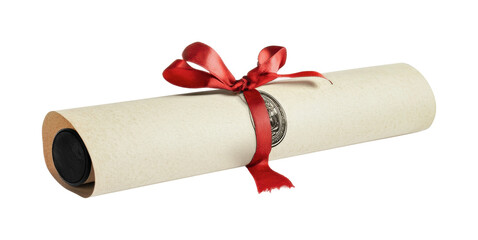 Celebrating achievement with a rolled diploma tied with a red ribbon in an elegant presentation for graduation events and ceremonies, cut out