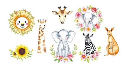 Fototapeta premium Adorable Baby Animals with Flowers Giraffe Elephant Zebra Kangaroo Lion