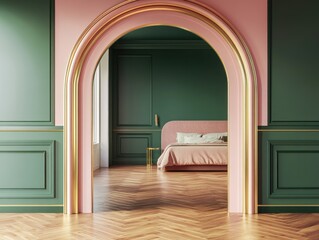 Fototapeta premium Elegant bedroom interior with pink and green walls, gold archway, and herringbone wood floors.