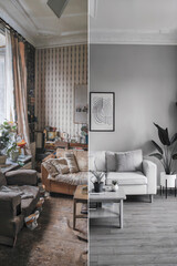 Transformation of a living room from cluttered vintage style to modern minimalism in residential space