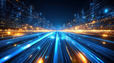 Obraz premium Abstract Cityscape at Night with Glowing Blue and Orange Lights
