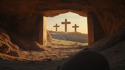 Easter, 3 crosses, the moment after Jesus Christ left his tomb, a beautiful sunrise