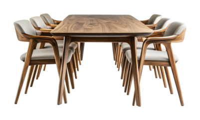 Elegant wooden dining table set with comfortable upholstered chairs designed for family gatherings and meals in stylish interiors, cut out