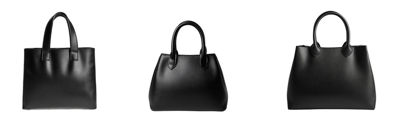 A collection of black leather handbags placed centrally on a solid white background, isolated in PNG format, perfect for fashion, retail, and lifestyle designs.

