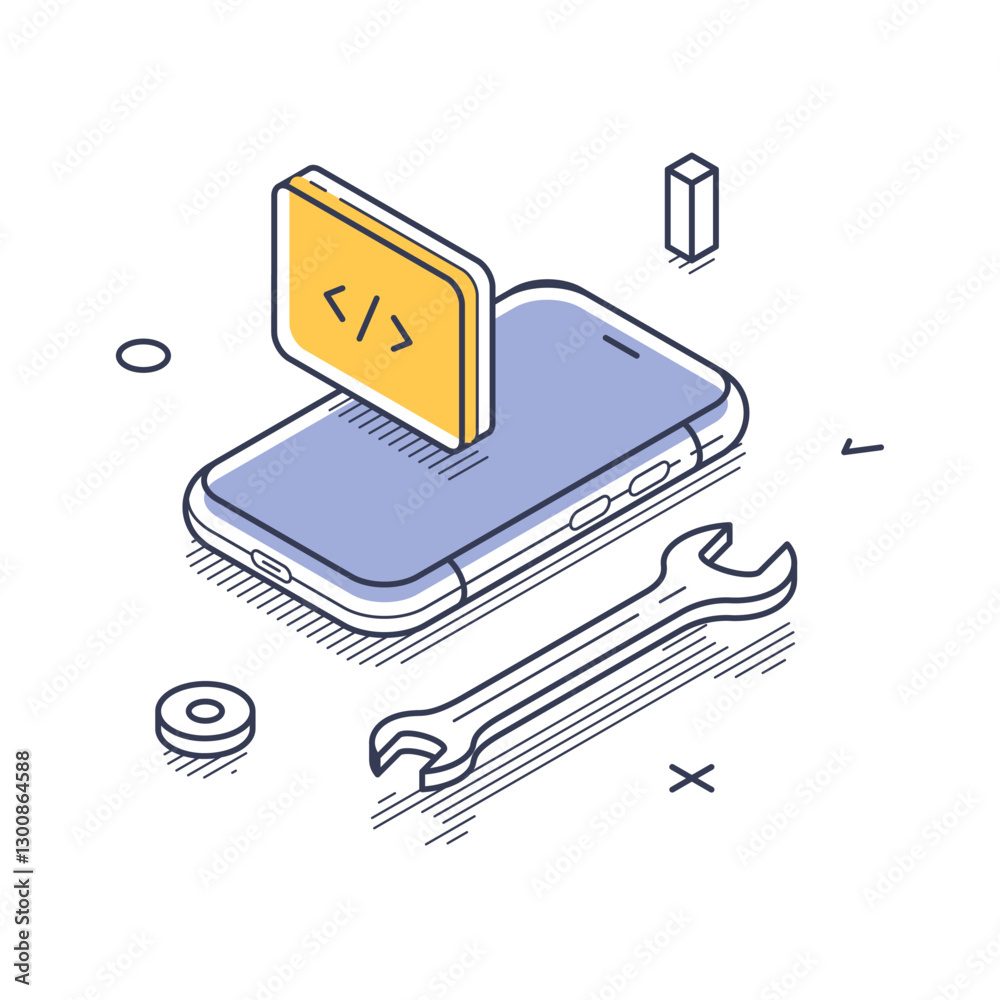 Poster Isometric line art icon that showcases a smartphone and web development elements like code snippets and tools. It symbolizes modern technology in a minimalist style. Vector illustration