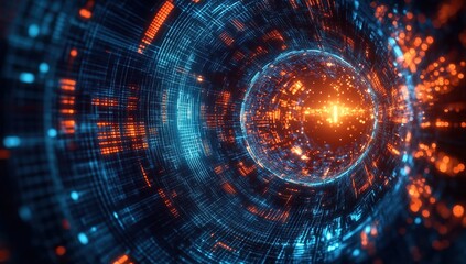 Obraz premium Abstract Digital Sphere with Orange and Blue Glowing Particles in Dark Tunnel