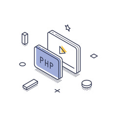 Isometric line art icon representing web development. It highlights the PHP programming language along with decorative elements. Modern isometric line art vector illustration
