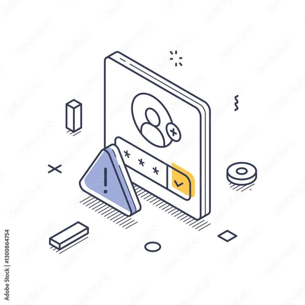 Poster isometric line art icon focusing on personal data security. it includes elements depicting user auth