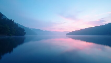 Fototapeta premium A breathtaking view of the lake capturing the soft hues of the sunset sky and a serene atmosphere.