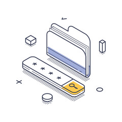 Isometric line art icon depicting personal data management. A key symbol highlights security, complemented by abstract folders, emphasizing data organization. Vector illustration