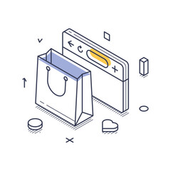 Online market shopping with a shopping bag and digital screen. This isometric line art illustrates the concept of digital commerce in a modern context. Vector illustration