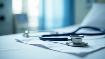 A stethoscope lying on a neatly made hospital bed, prepared for patient care and medical examinations.