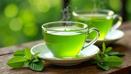 Steaming green tea cups with fresh mint leaves on wooden table outdoors