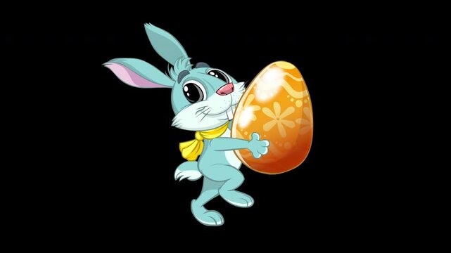 Easter bunny walking with egg.
Cartoon loop animation of a blue Easter bunny walking and bearing a huge colorfully painted egg. 
Hand drawn frame-by-frame 2-d animation. 