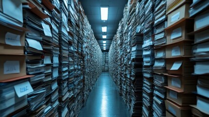 Obraz premium Archive storage room with high stacks of paper documents and folders.