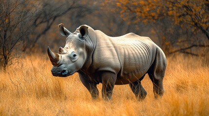 Obraz premium White rhinoceros standing in tall grass.