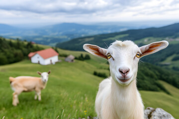 Obraz premium Close-up of a curious goat in a mountain pasture, with lush green hills, a distant village, and cloudy skies in the background.