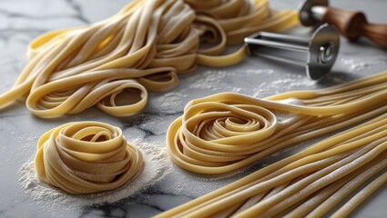 Homemade Noodles Laid Out on Marble Surface, Generative AI