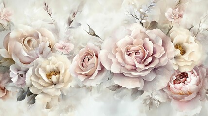 Obraz premium Romantic Watercolor Florals Beautiful pastel roses in soft background.