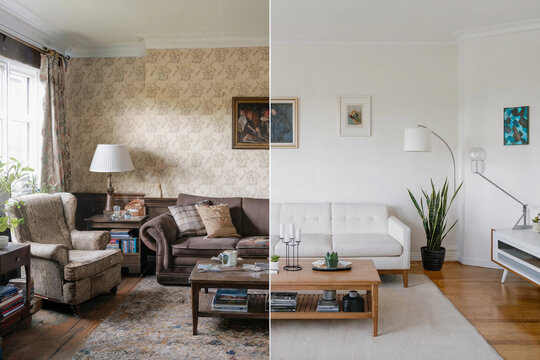 Living room transformation showcasing before and after renovation with contrasting styles and decor choices