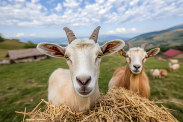 Obraz premium Two goats pose playfully in a picturesque mountain pasture, enjoying a sunny day with a bundle of hay. A rural scene showcasing simple, natural life.
