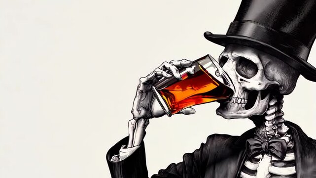 Skeleton in Vintage Attire with Top Hat and Glass of Whiskey in Hand Against Neutral Background for Halloween Themes and Retro Aesthetic Concepts in Stock Photography