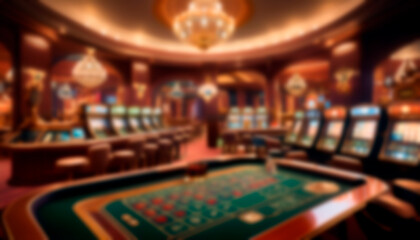 A blurred image of a busy casino interior, with rows of slot machines and gaming tables, creating a vibrant atmosphere of excitement and entertainment.