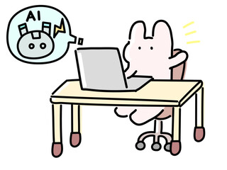 パソコンでAIロボットと会話するうさぎ