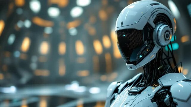 a futuristic android gazing in the distance with a blurred background of lights